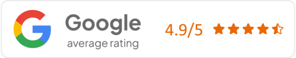 Google logo with 4.9 out of 5 star average rating displayed in orange text and star icons on a black background.