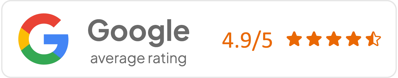 Google average rating display showing 4.9 out of 5 stars with the Google logo and orange star ratings on a black background.